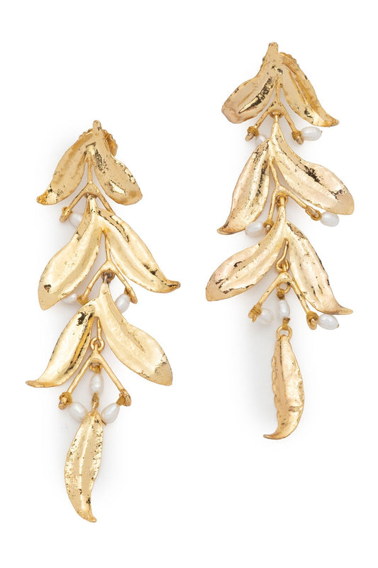 Fresh Water Pearl & Gold Plated Drop Leaf Pierced Earrings Gold