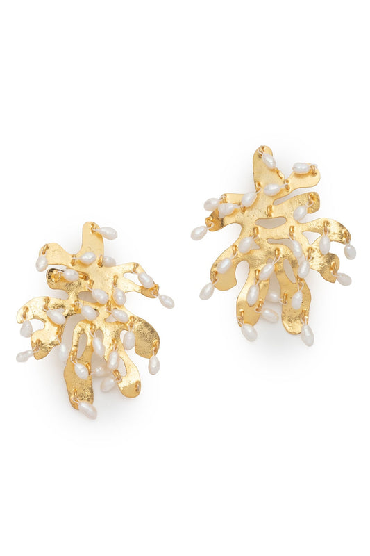 Fresh Water Pearl & Gold Plated Cluster Pierced Earrings Gold
