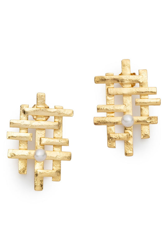 Fresh Water Pearl & Gold Plated Statement Pierced Earrings Gold