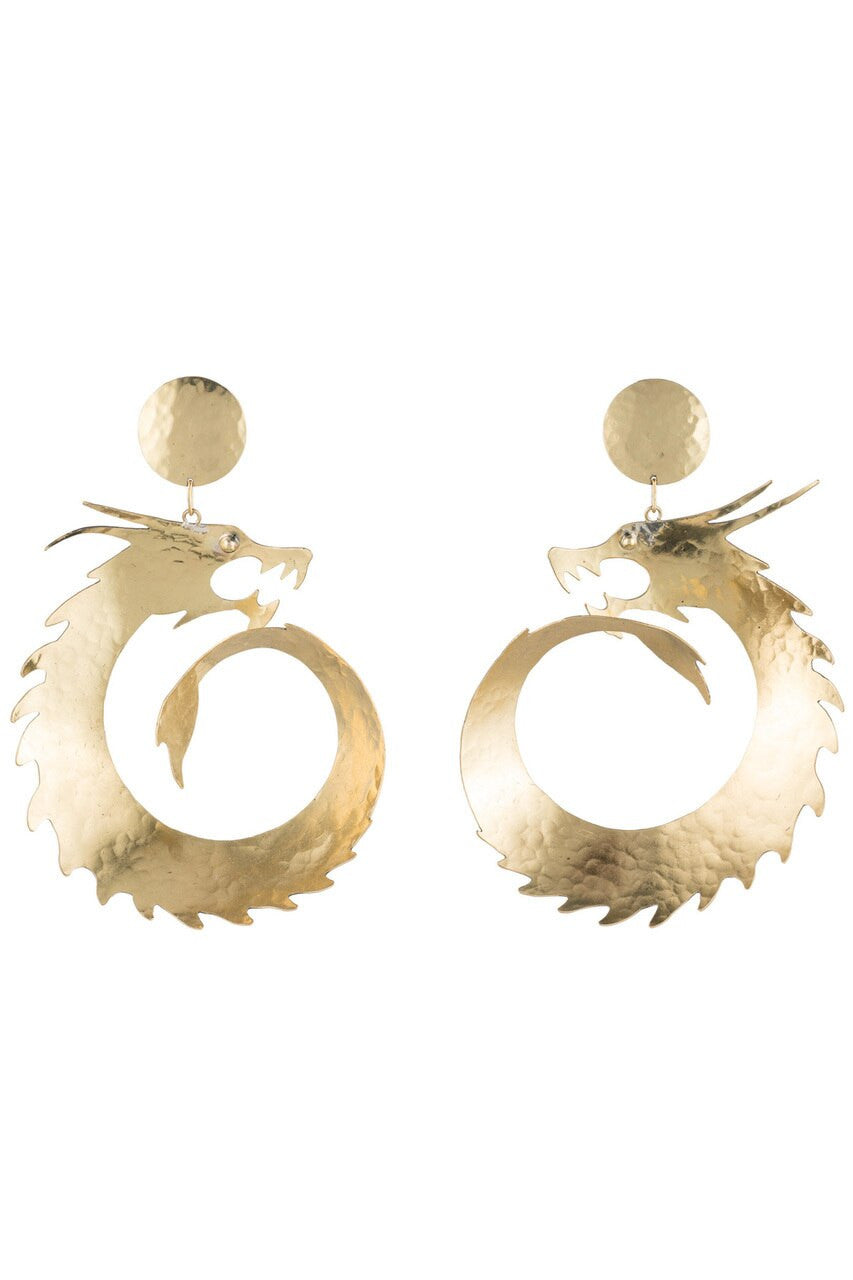 Buy Hammered Brass Dragon Swirl Drop Clip Earrings in Gold Online Gold