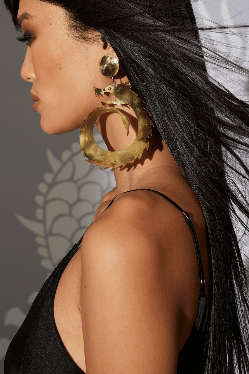 Buy Hammered Brass Dragon Swirl Drop Clip Earrings in Gold Online Gold