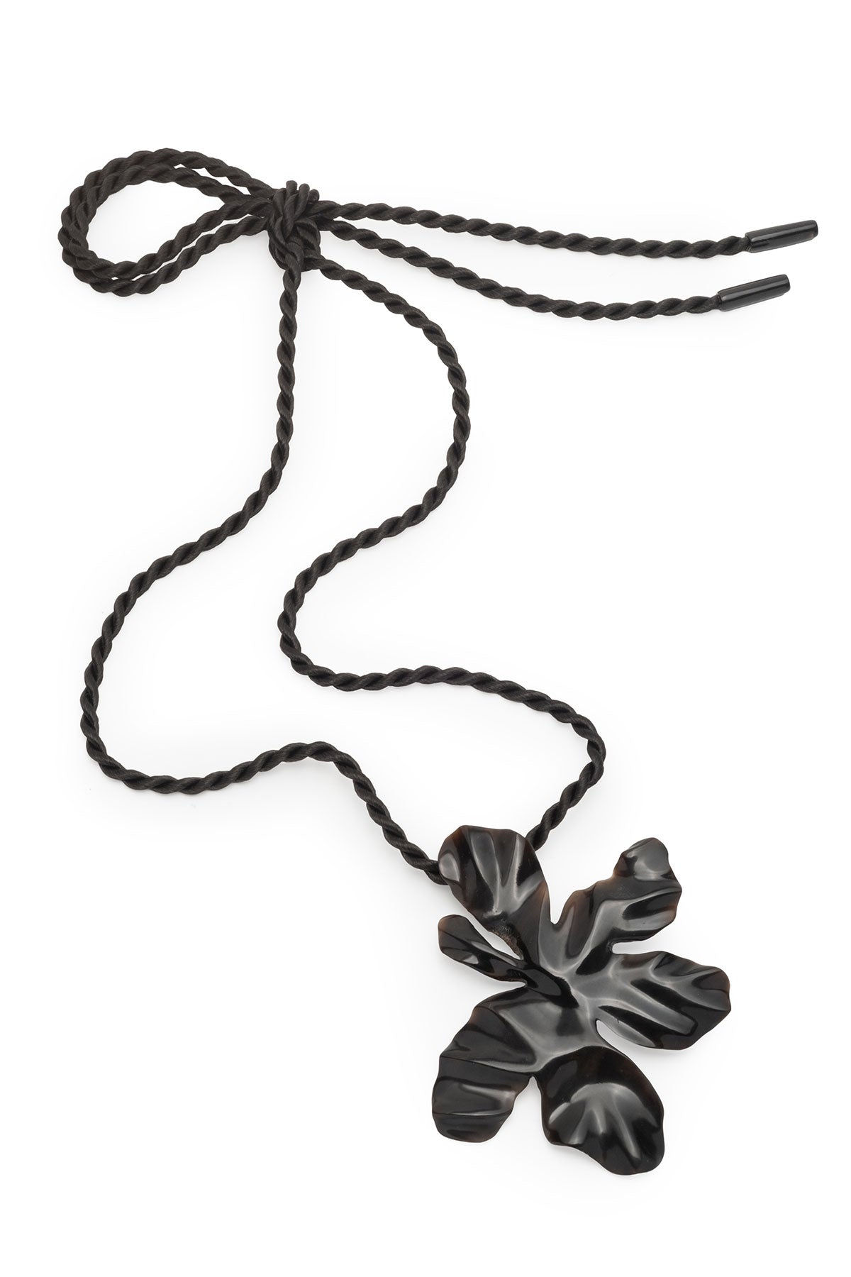 Peony Buffalo Horn Pendant Rope Necklace Black