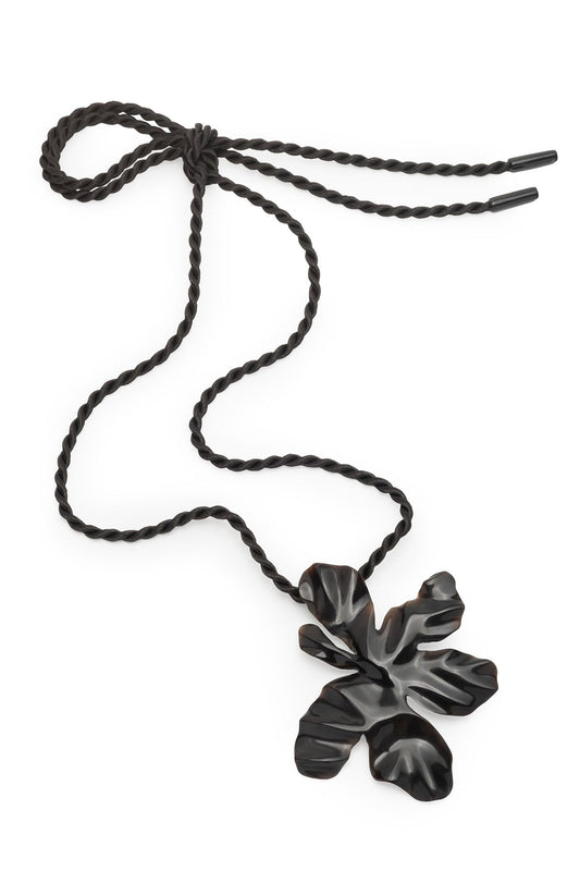 Peony Buffalo Horn Pendant Rope Necklace Black