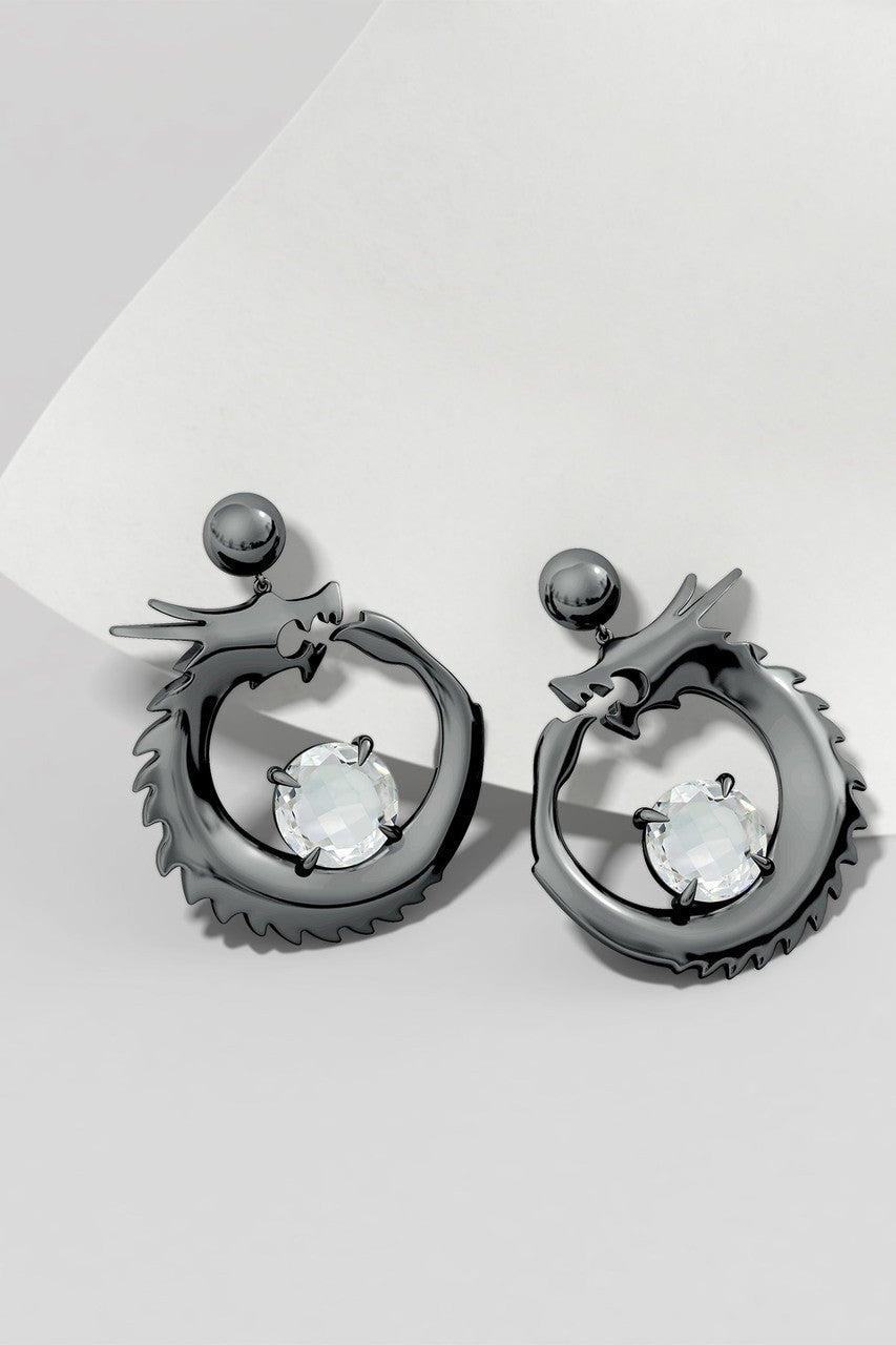 Buy Dragon Midnight Silver and White Topaz Dangler Earrings in Midnight Silver Online Midnight Silver