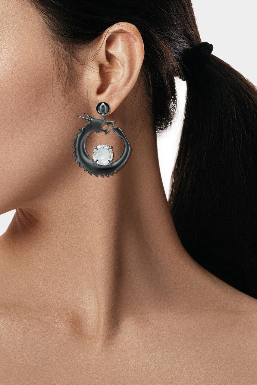 Buy Dragon Midnight Silver and White Topaz Dangler Earrings in Midnight Silver Online Midnight Silver