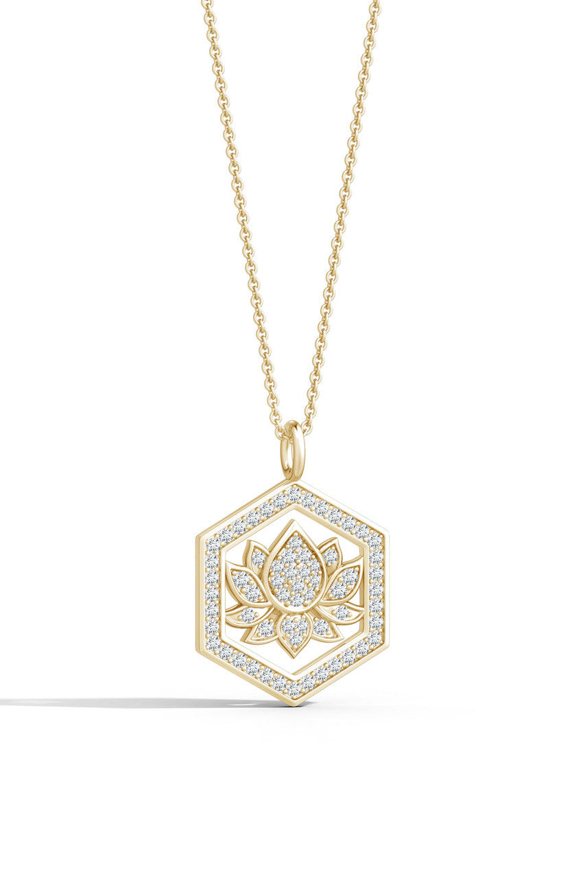 Buy Indochine Spirit 14k Hexagon Frame Lotus Pave Diamond Pendant Necklace in 14K Yellow Gold Online 14K Yellow Gold
