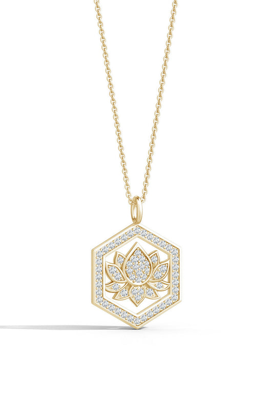 Buy Indochine Spirit 14k Hexagon Frame Lotus Pave Diamond Pendant Necklace in 14K Yellow Gold Online 14K Yellow Gold
