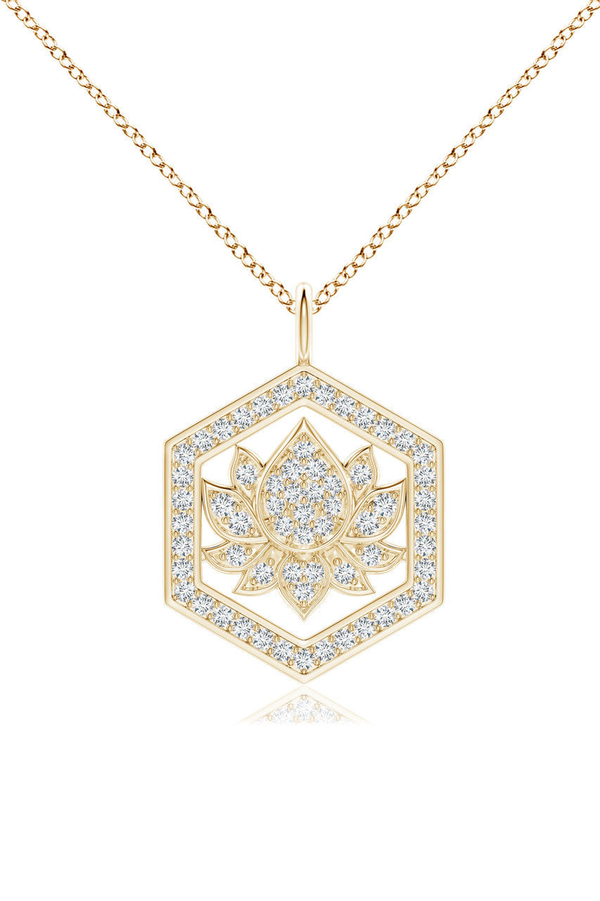 Buy Indochine Spirit 14k Hexagon Frame Lotus Pave Diamond Pendant Necklace in 14K Yellow Gold Online 14K Yellow Gold