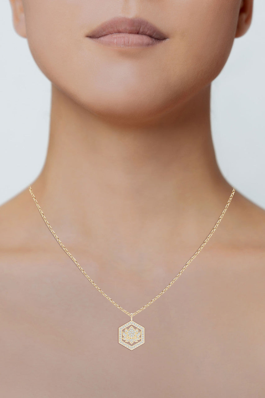 Buy Indochine Spirit 14k Hexagon Frame Lotus Pave Diamond Pendant Necklace in 14K Yellow Gold Online 14K Yellow Gold