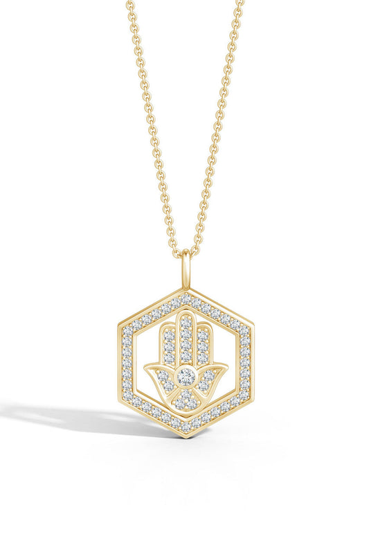 Buy Indochine Spirit 14k Hexagon Frame Hamsa Pave Diamond Pendant Necklace in 14K Yellow Gold Online 14K Yellow Gold