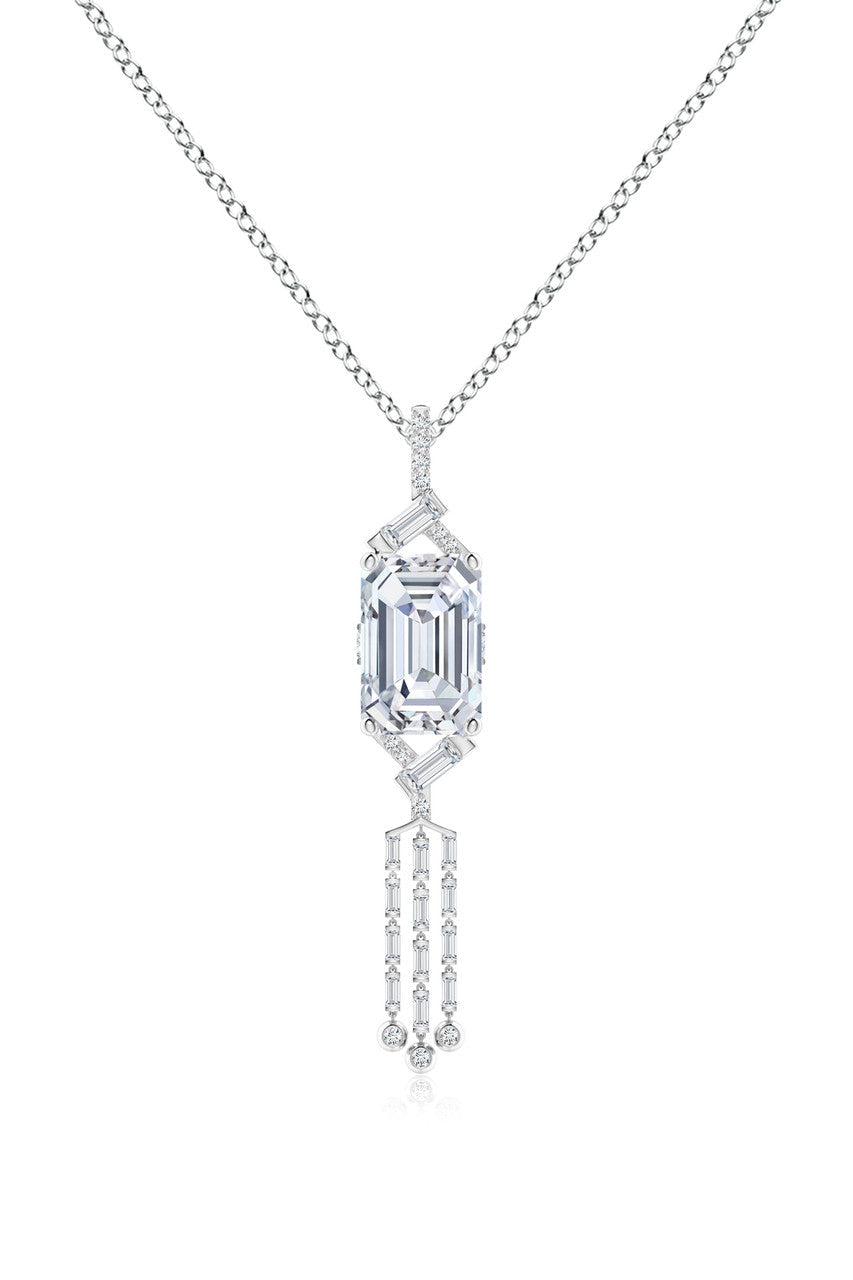 Buy Orient Express Lab-Grown 14K Gold Emerald Cut & Baguette Diamond Tassel Drop Pendant Necklace in 14K White Gold Online 14K White Gold