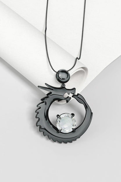 Buy Dragon Midnight Silver & White Topaz Slider Pendant Necklace in Midnight Silver Online Midnight Silver