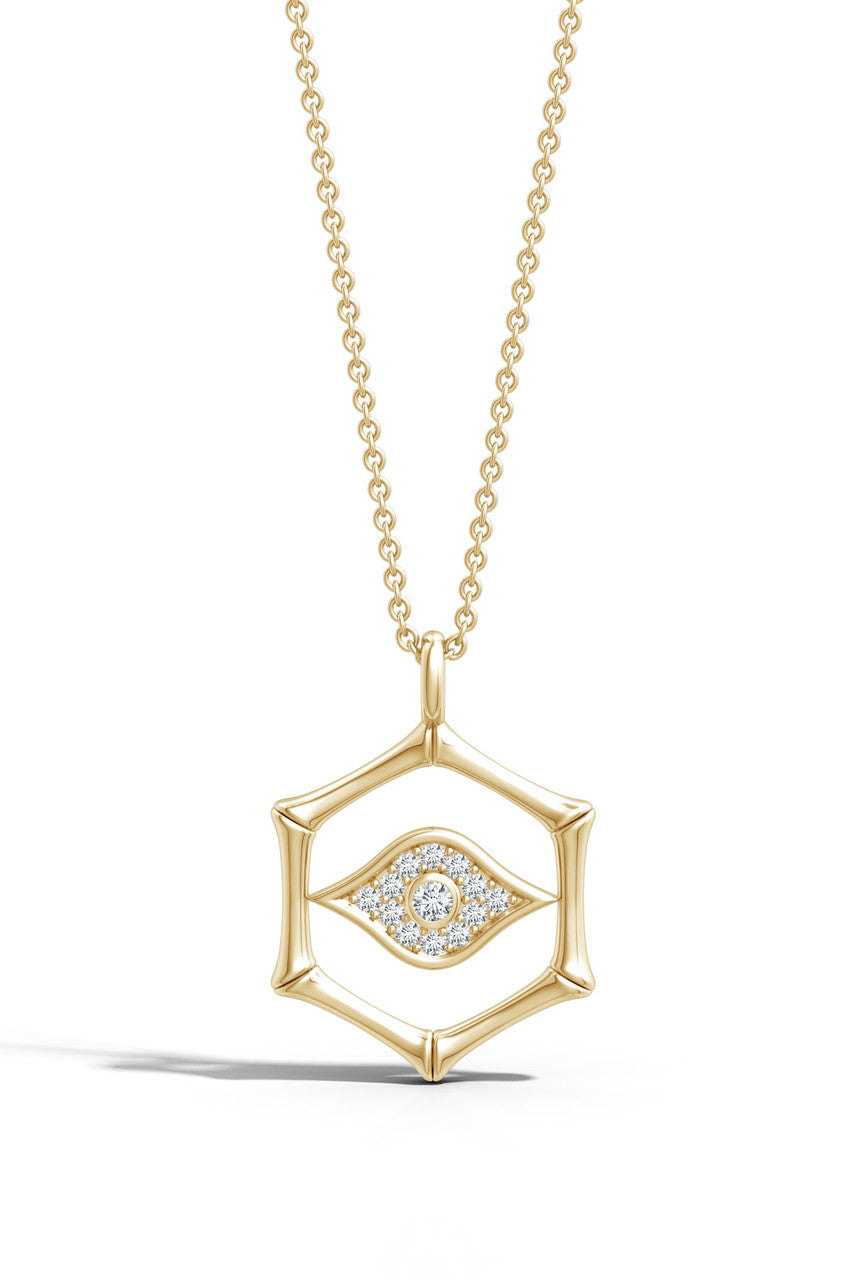 Buy Indochine Spirit 14k Evil Eye Bamboo Hexagon Frame Diamond Necklace in 14K Yellow Gold Online 14K Yellow Gold