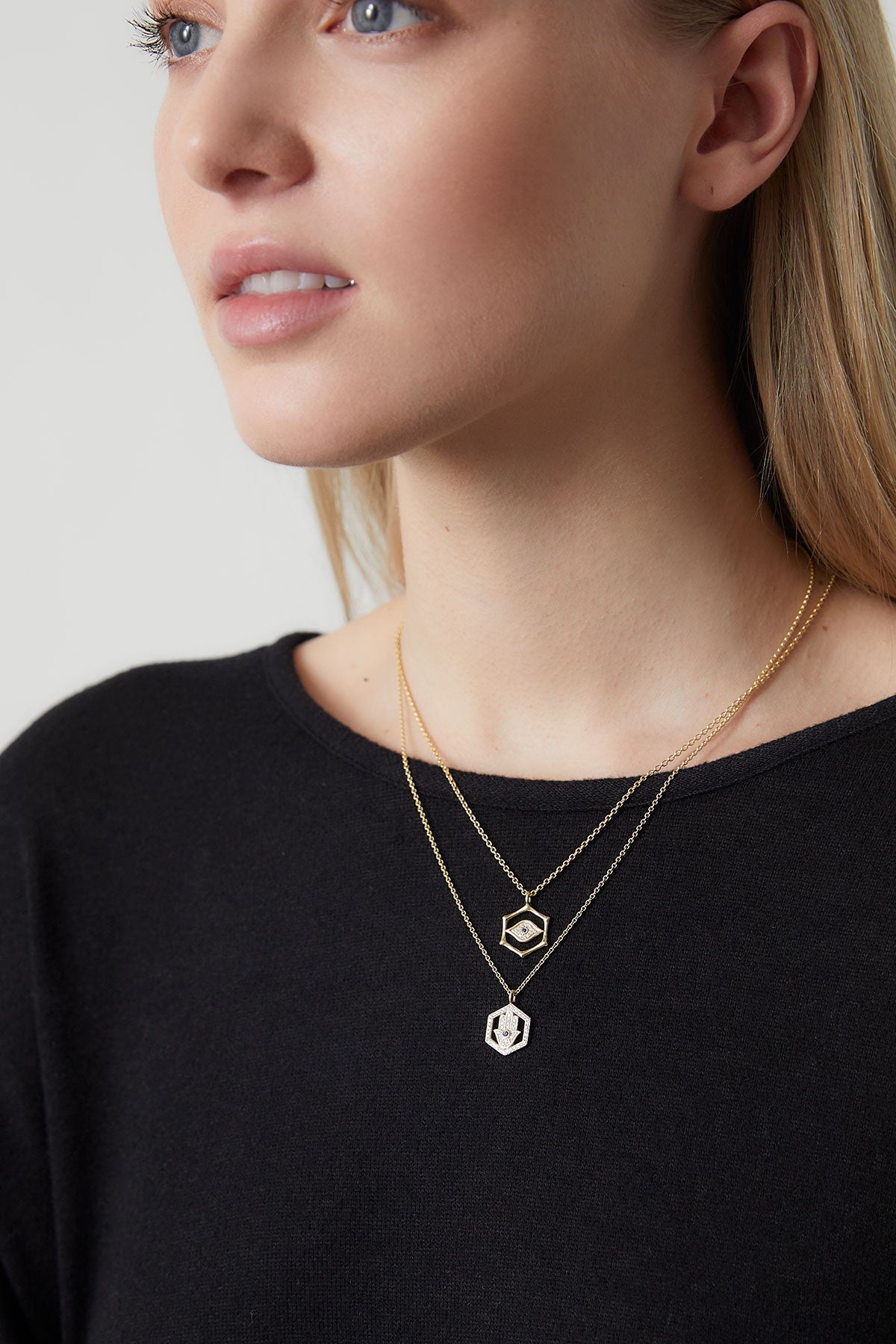 Buy Indochine Spirit 14k Evil Eye Bamboo Hexagon Frame Diamond Necklace in 14K Yellow Gold Online 14K Yellow Gold