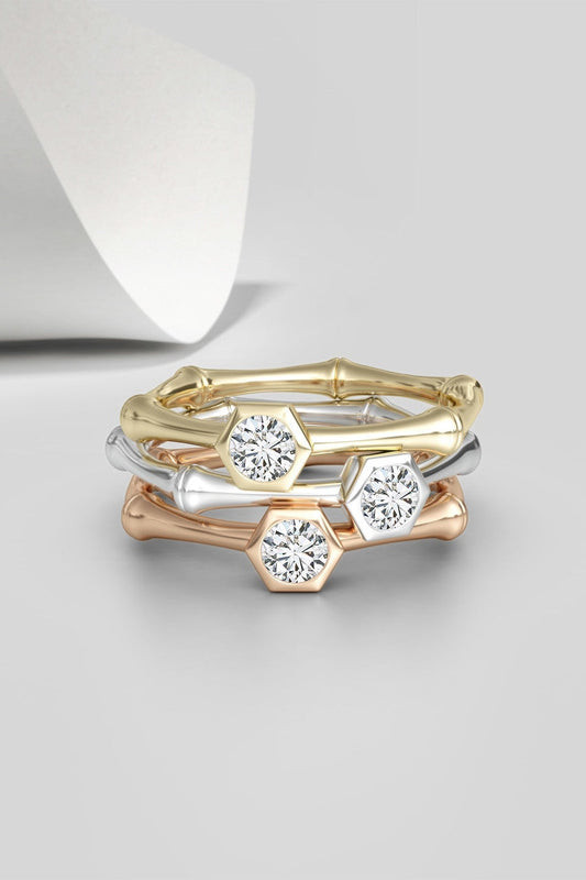 Buy Indochine 14k Hex Frame Diamond Solitaire Bamboo Ring in 14K Rose Gold Online 14K Rose Gold
