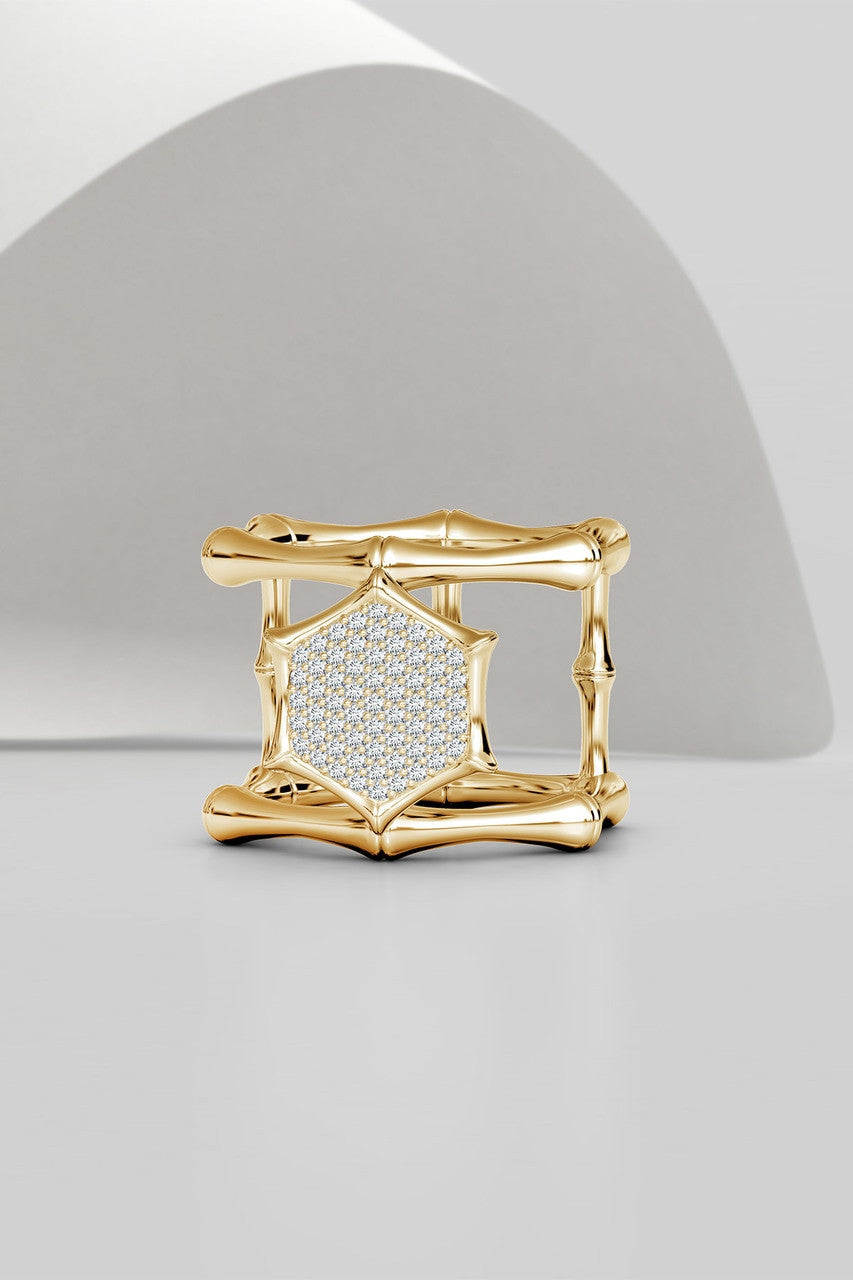 Buy Indochine 14k Pave Diamond Hexagon Center Double Bamboo Band Cocktail Ring in 14K Yellow Gold Online 14K Yellow Gold