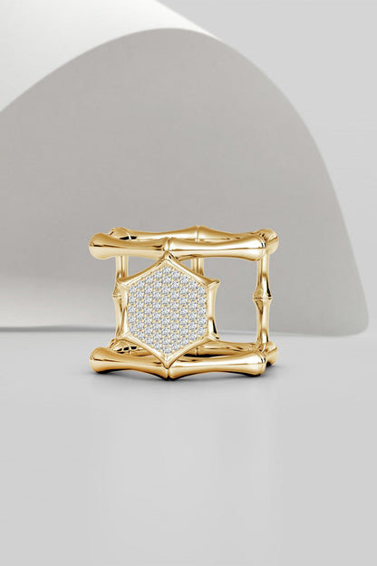 Buy Indochine 14k Pave Diamond Hexagon Center Double Bamboo Band Cocktail Ring in 14K Yellow Gold Online 14K Yellow Gold