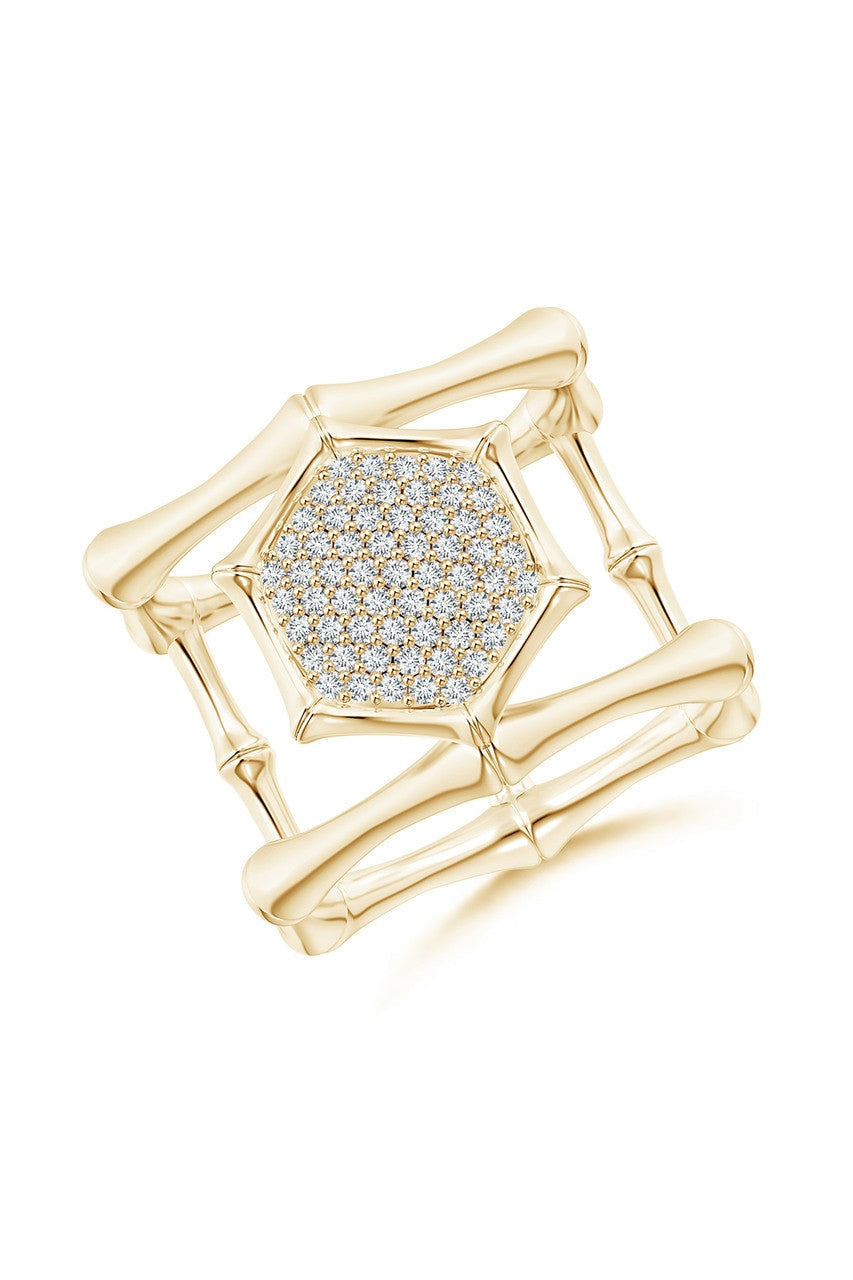 Buy Indochine 14k Pave Diamond Hexagon Center Double Bamboo Band Cocktail Ring in 14K Yellow Gold Online 14K Yellow Gold