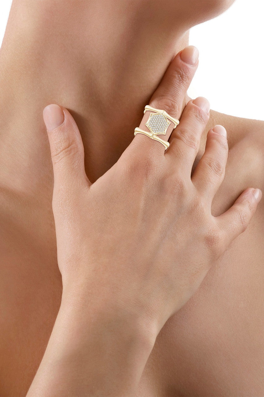 Buy Indochine 14k Pave Diamond Hexagon Center Double Bamboo Band Cocktail Ring in 14K Yellow Gold Online 14K Yellow Gold