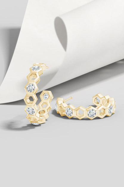 Buy Indochine 14k Small Alternate Stacked Hexagon Diamond Hoop Earrings in 14K Yellow Gold Online 14K Yellow Gold