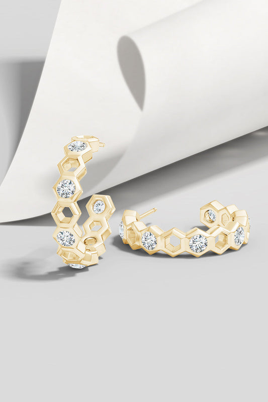 Buy Indochine 14k Small Alternate Stacked Hexagon Diamond Hoop Earrings in 14K Yellow Gold Online 14K Yellow Gold