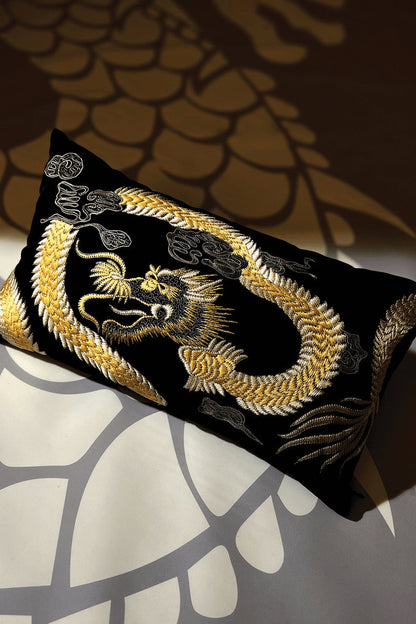 Buy Luxe Charm Dragon Embroidered Oblong Pillow in Black Online Black
