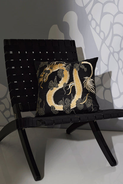 Buy Luxe Charm Dragon Embroidered Pillow in Black Online Black