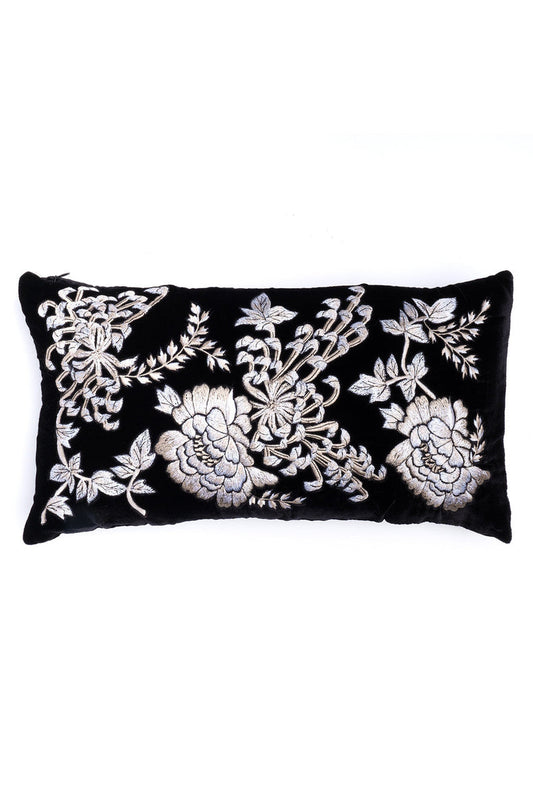 Buy Velvet Mandarin Embroidered Oblong Pillow in Black Online Black