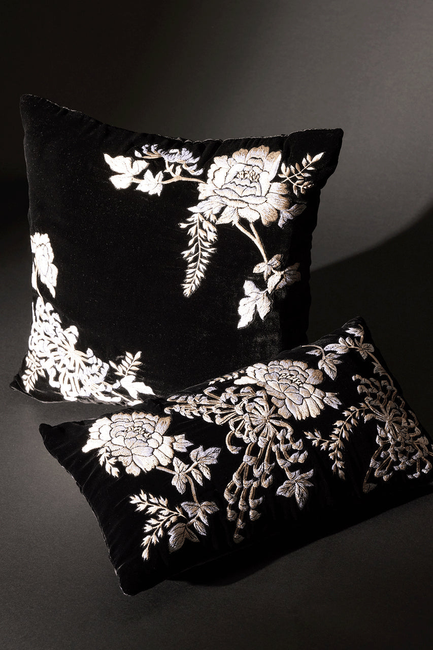 Buy Velvet Mandarin Embroidered Oblong Pillow in Black Online Black