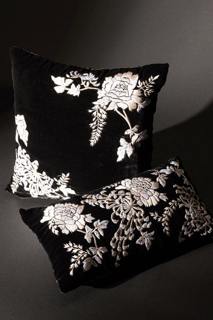 Buy Velvet Mandarin Embroidered Oblong Pillow in Black Online Black