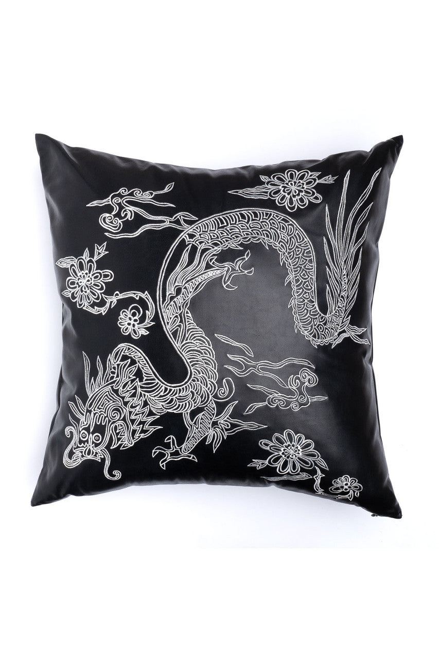 Buy Vegan Luxe Leather Mandarin Embroidered Dragon Pillow in Black Online Black