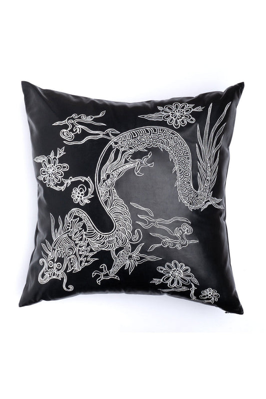 Buy Vegan Luxe Leather Mandarin Embroidered Dragon Pillow in Black Online Black