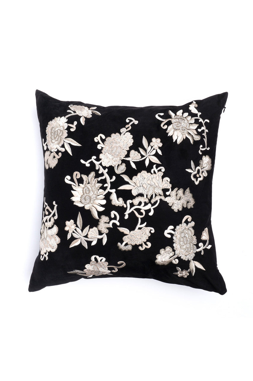 Buy Faux Suede Mandarin Embroidered Pillow in Black Online Black