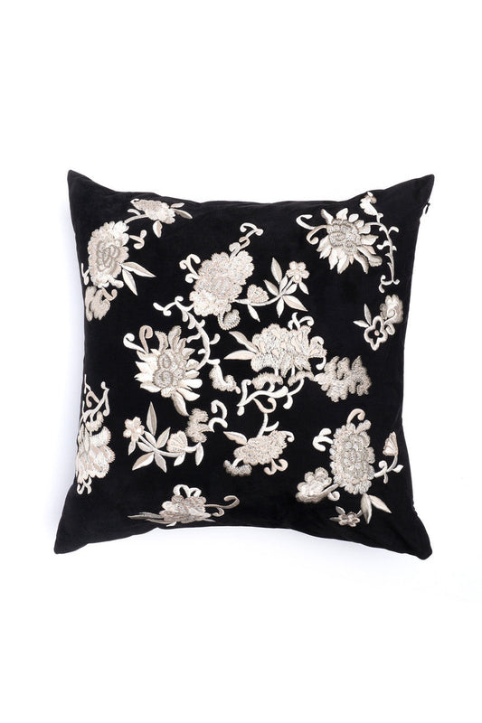 Buy Faux Suede Mandarin Embroidered Pillow in Black Online Black