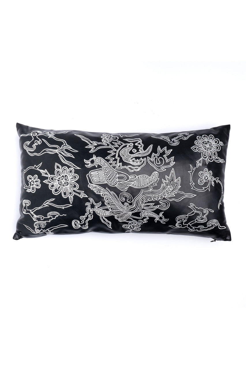 Buy Vegan Luxe Leather Mandarin Embroidered Dragon Oblong Pillow in Black Online Black