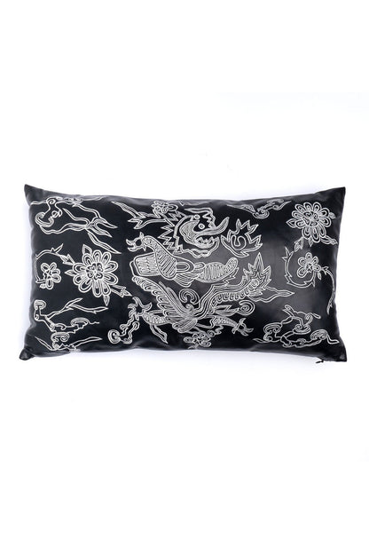 Buy Vegan Luxe Leather Mandarin Embroidered Dragon Oblong Pillow in Black Online Black