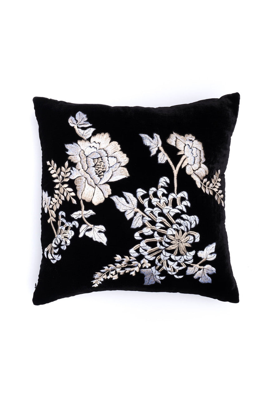 Buy Velvet Mandarin Embroidered Pillow in Black Online Black