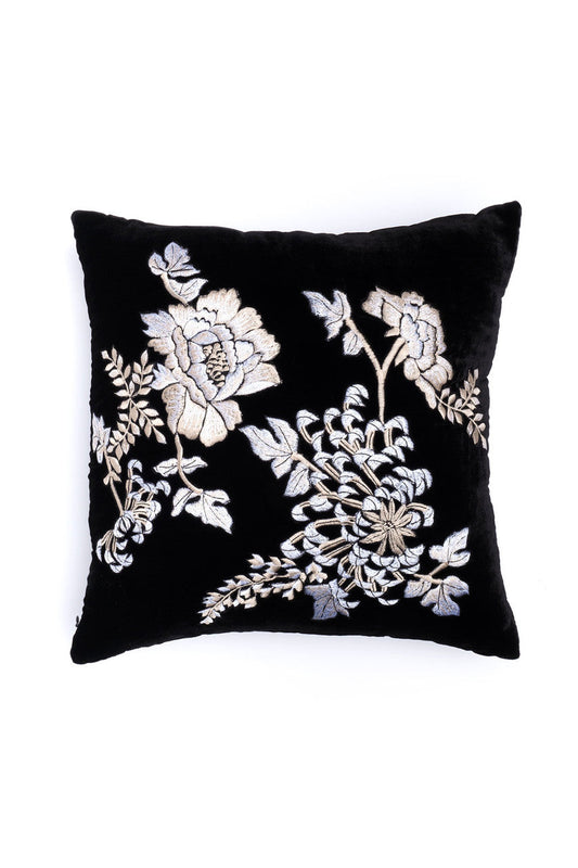 Buy Velvet Mandarin Embroidered Pillow in Black Online Black