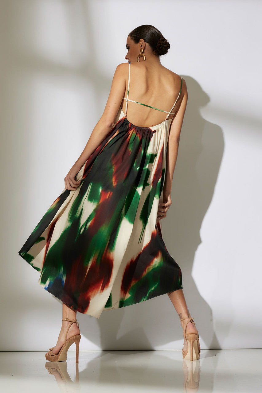 Buy Amalfi Printed Cotton Poplin Open Back Dress in Neutral Green Online Neutral Green