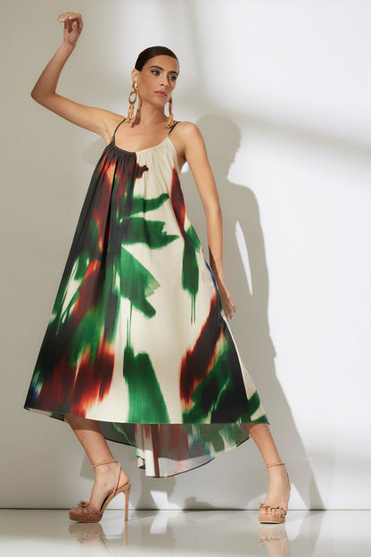 Buy Amalfi Printed Cotton Poplin Open Back Dress in Neutral Green Online Neutral Green