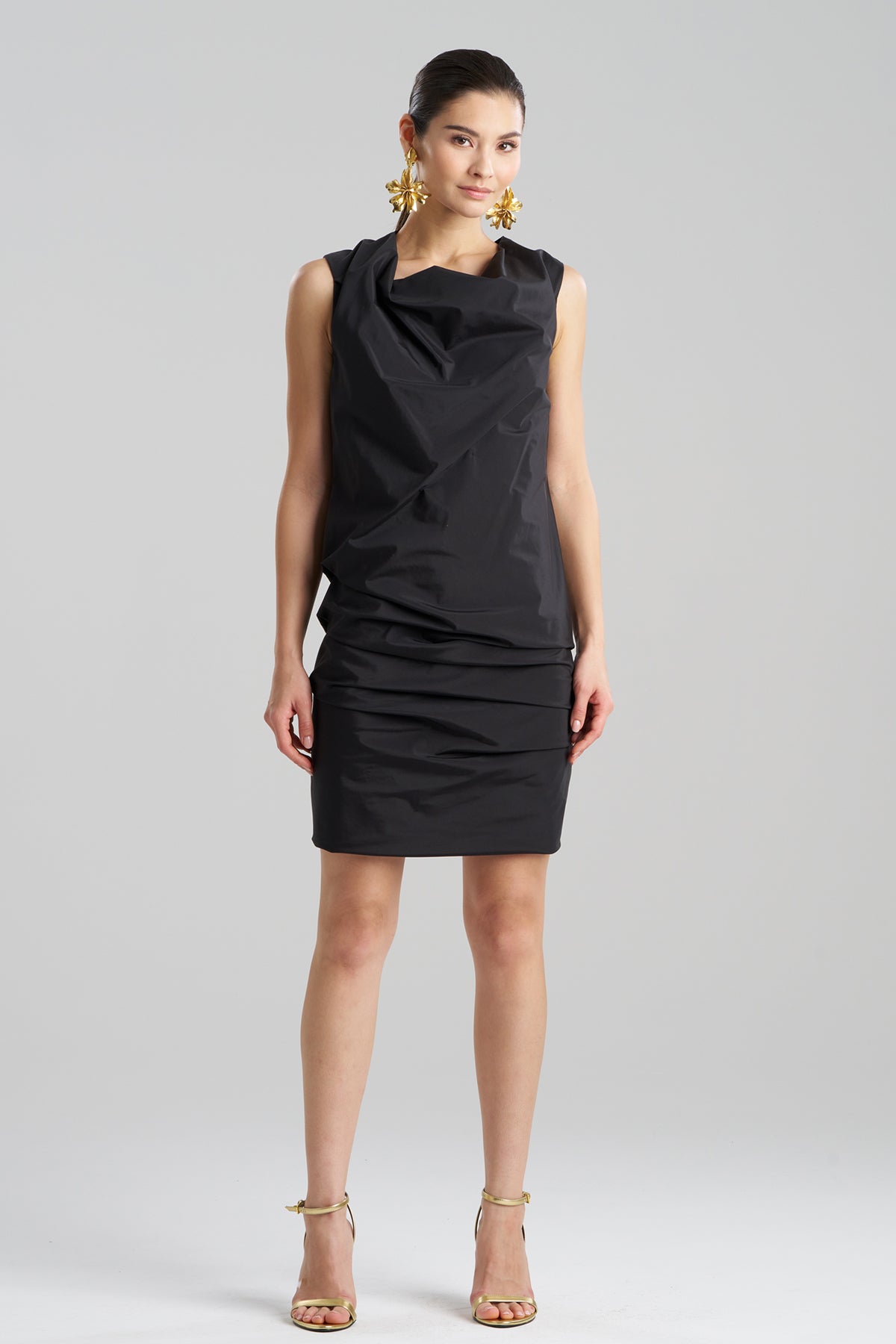 Techno Poplin Asymmetrical Origami Dress Black