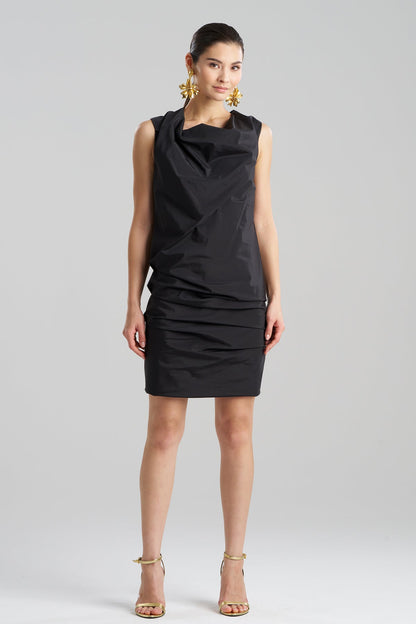 Techno Poplin Asymmetrical Origami Dress Black