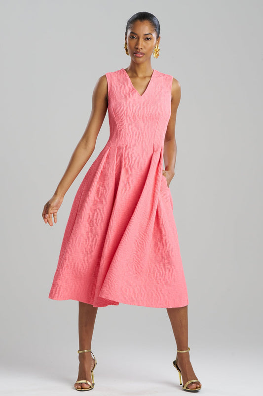 Textured Cotton Jacquard Sleeveless Pleated Dress Flamingo Pink