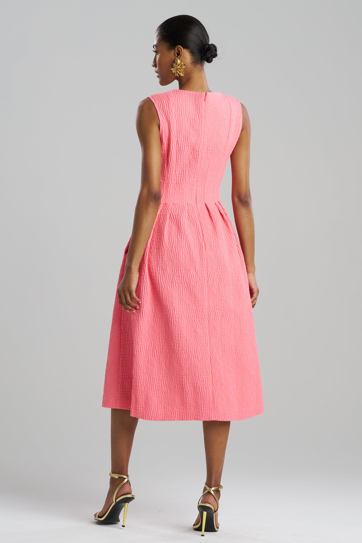 Textured Cotton Jacquard Sleeveless Pleated Dress Flamingo Pink