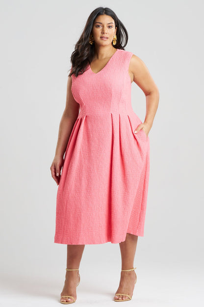 Textured Cotton Jacquard Sleeveless Pleated Dress Flamingo Pink