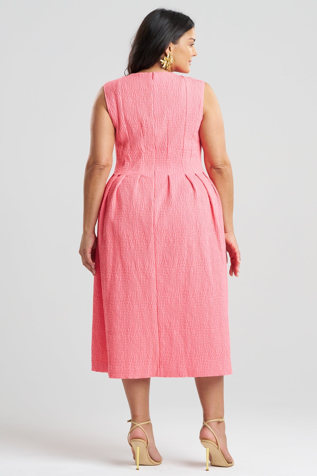 Textured Cotton Jacquard Sleeveless Pleated Dress Flamingo Pink