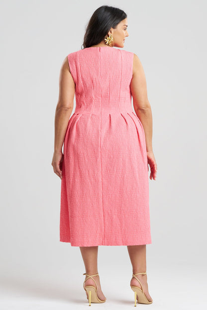 Textured Cotton Jacquard Sleeveless Pleated Dress Flamingo Pink
