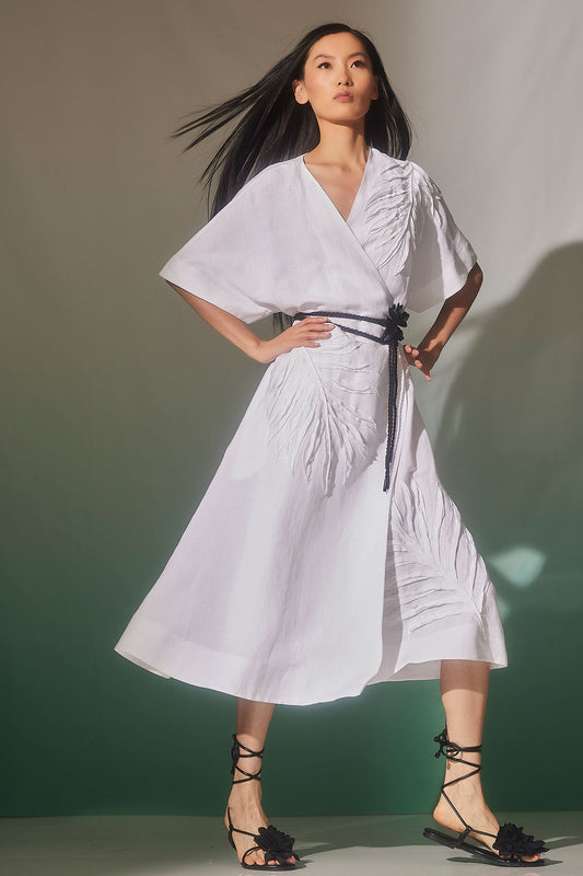 Light Weight Linen Embroidered Kimono Wrap Dress White
