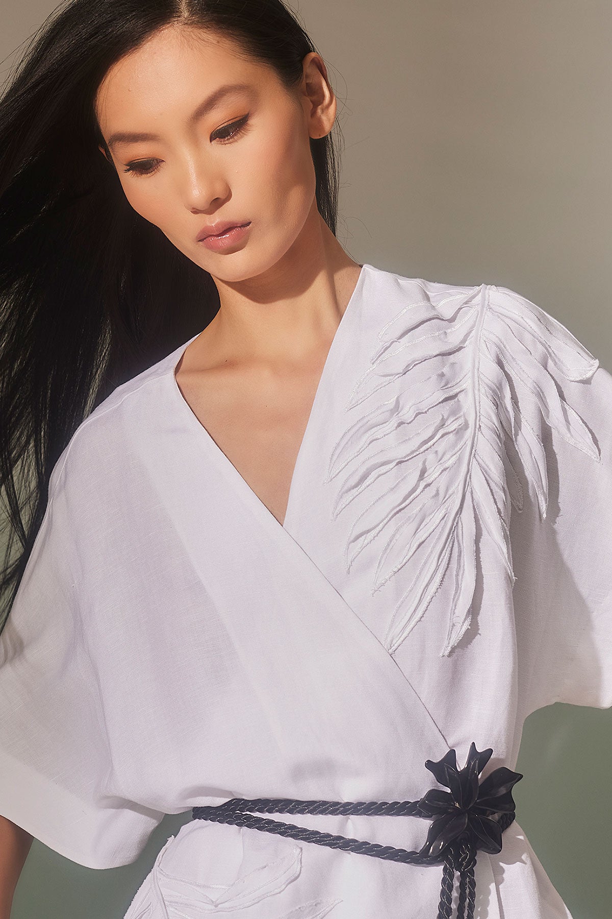 Light Weight Linen Embroidered Kimono Wrap Dress White