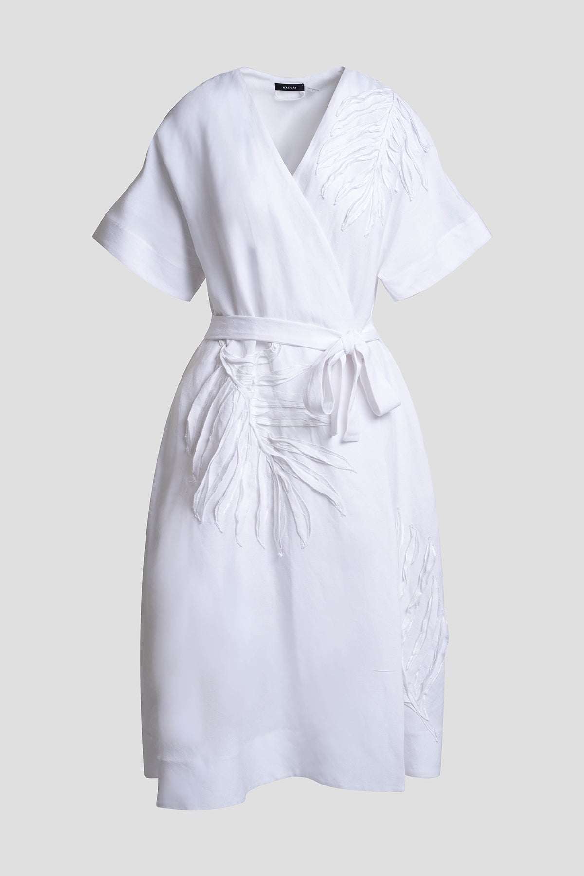 Light Weight Linen Embroidered Kimono Wrap Dress White